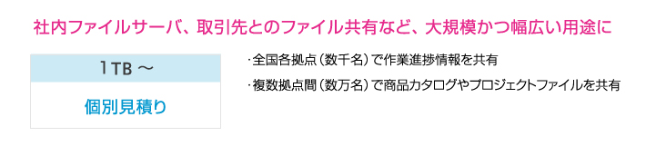 社内ファイルサーバ、取引先とのファイル共有など、大規模かつ幅広い用途に
