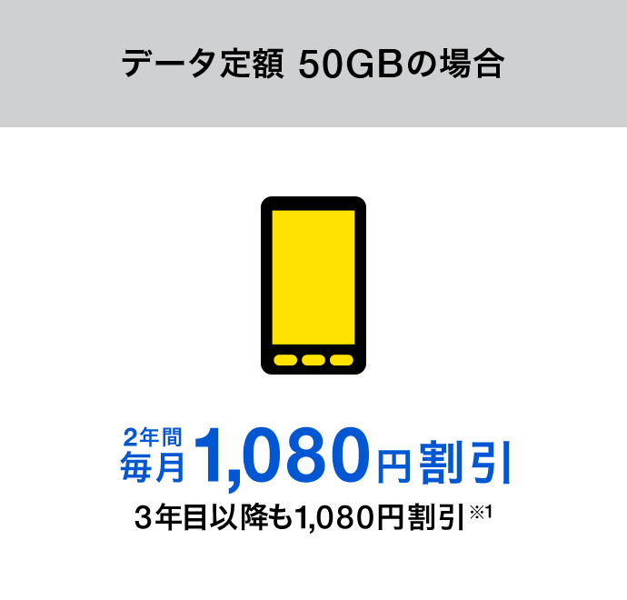 データ定額 50GB 2年間毎月1,080円割引 - 3年目以降も1,080円割引※1 -