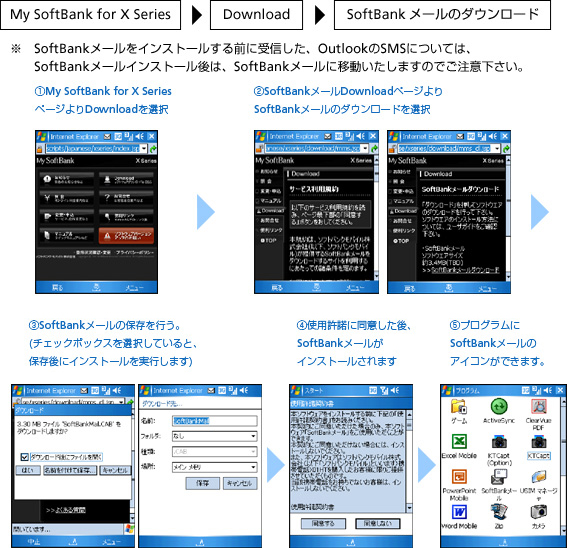 My SoftBank for X Series Download SoftBankメールのダウンロード※ SoftBankメールをインストールする前に受信した、OutlookのSMSについては、SoftBankメールインストール後は、SoftBankメールに移動いたしますのでご注意下さい。?My SoftBank for X SeriesページよりDownloadを選択?SoftBankメールDownloadページよりSoftBankメールのダウンロードを選択?SoftBankメールの保存を行。(チェックボックスを選択していると、保存後にインストールを実行します)?使用許諾に同意した後、SoftBankメールがインストールされます?プログラムにSoftBankメールのアイコンができます。