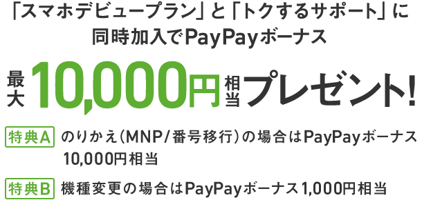 「スマホデビュープラン」と「トクするサポート」に同時加入でPayPayボーナス最大10,000円相当プレゼント!(特典A:のりかえ(MNP/番号移行)の場合はPayPayボーナス10,000円相当、特典B:機種変更の場合はPayPayボーナス1,000円相当)