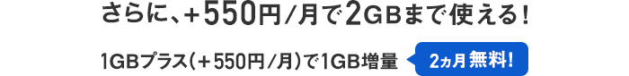 さらに+500円/月で2GBまで使える! 1GBプラス(+500円/月)で1GB増量(2ヵ月無料)