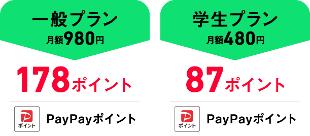 一般プラン月額980円178円相当PayPayボーナス 学生プラン月額480円87円相当PayPayボーナス