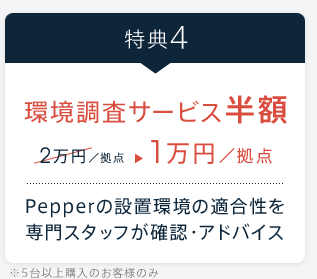 【特典4.環境調査サービス半額 2万円／拠点→1万円／拠点】Pepperの設置環境の適合性を専門スタッフが確認・アドバイス ※5台以上購入のお客様のみ