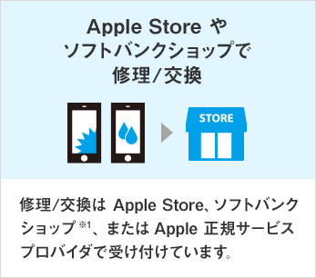 Aplle Store やソフトバンクショップで修理/交換 修理/交換はApple Store、ソフトバンクショップ※1、またはApple正規サービスプロバイダで受け付けています。