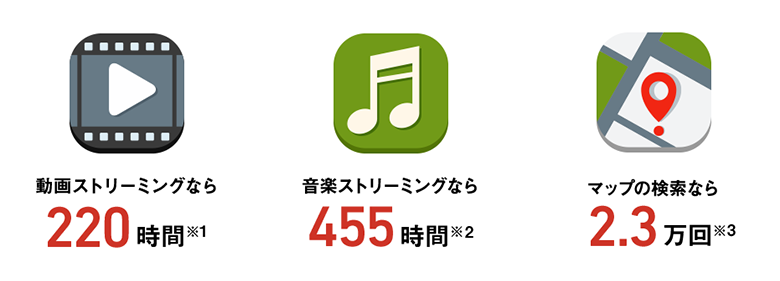 動画ストリーミングなら220時間 音楽ストリーミングなら455時間 マップの検索なら2.3万回