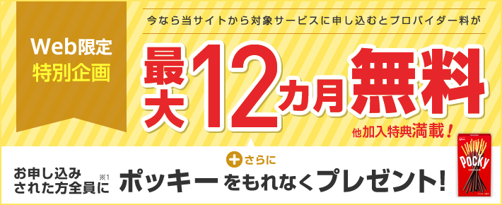 Web限定特別企画 今なら当サイトから対象サービスに申し込むとプロバイダー料最大12ヵ月無料 他加入特典満載! +さらに お申し込みされた方全員に※1 ポッキーをもれなくプレゼント!
