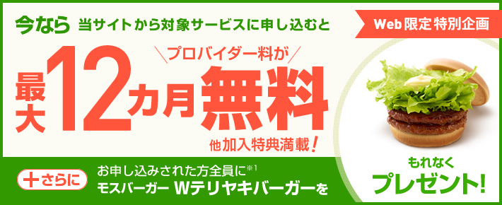 Web限定特別企画 今なら当サイトから対象サービスに申し込むと プロバイダー料が最大12ヵ月無料 他加入特典満載! +さらに お申し込みされた方全員に※1 モスバーガー Wテリヤキバーガーをもれなくプレゼント!