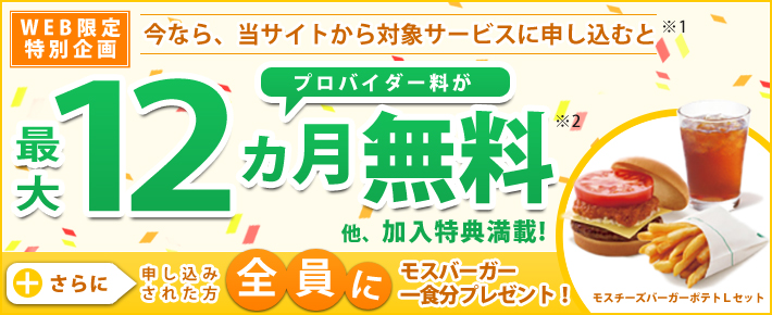 Web限定特別企画 今なら当サイトから対象サービスに申し込むと※1 プロバイダー料が最大12ヵ月無料※2 他加入特典満載! +さらに お申し込みされた方全員に 「モスチーズバーガーポテトLセット」をもれなくプレゼント!