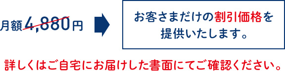 月額4,880円→お客さまだけの割引価格を提供いたします。詳しくはご自宅にお届けした書面にてご確認ください。