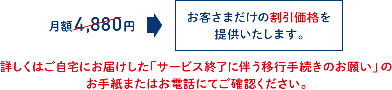 月額4,880円→お客さまだけの割引価格を提供いたします。詳しくはご自宅にお届けした「サービス終了に伴う移行手続きのお願い」のお手紙またはお電話にてご確認ください。