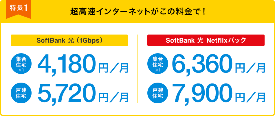 特長1 超高速インターネットがこの料金で! 集合住宅 月額4,180円※1 戸建住宅 月額5,720円※1