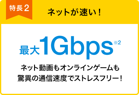 特長2 ネットが速い! 最大1Gbps※2 ネット動画もオンラインゲームも驚異の通信速度でストレスフリー!