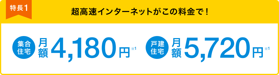 特長1 超高速インターネットがこの料金で! 集合住宅 月額4,180円※1 戸建住宅 月額5,720円※1