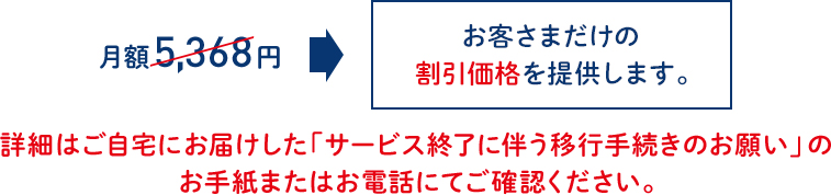 月額5,368円→お客さまだけの割引価格を提供いたします。詳しくはご自宅にお届けした「サービス終了に伴う移行手続きのお願い」のお手紙またはお電話にてご確認ください。