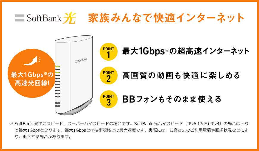 家族みんなで快適インターネット POINT1 最大1Gbps※の超高速インターネット POINT2 高画質の動画も快適に楽しめる POINT3 BBフォンもそのまま使える 最大1Gbps※の高速回線! ※SoftBank 光ギガスピード、スーパーハイスピードの場合です。SoftBank 光ハイスピード(IPv6 IPoE+IPv4)の場合は下りで最大1Gbpsとなります。最大1Gbpsとは技術規格上の最大速度です。実際には、お客さまのご利用環境や回線状況などにより、低下する場合があります。