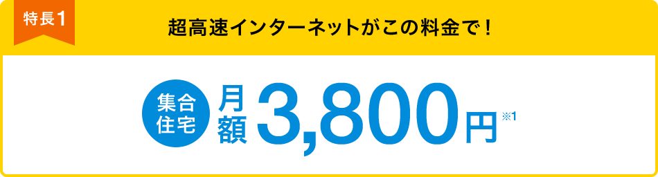 特長1 超高速インターネットがこの料金で! 集合住宅 月額3,800円※1