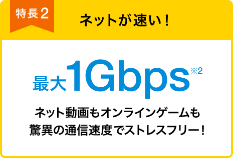 特長2 ネットが速い! 最大1Gbps※2 ネット動画もオンラインゲームも驚異の通信速度でストレスフリー!