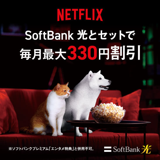 NETFLIX SoftBank 光とセットで毎月最大330円割引 ※ソフトバンクプレミアム「エンタメ特典」と併用不可。