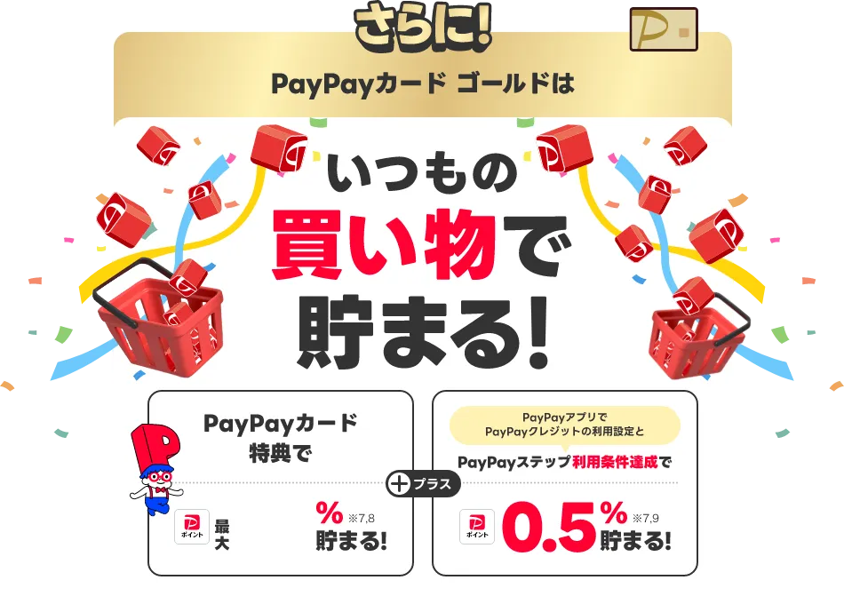 さらに！PayPayカードゴールドはいつもの買い物で PayPayカード特典で最大1.5％貯まる！PayPayアプリでPayPayクレジットの利用設定とPayPayステップ利用条件達成で0.5％貯まる！