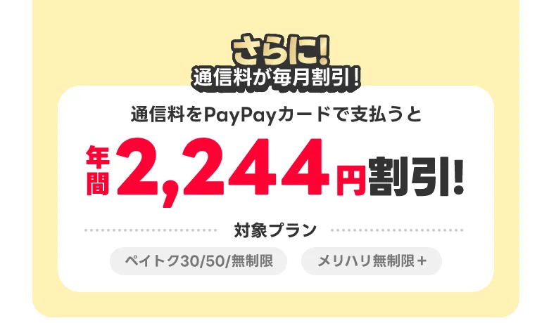 さらに!通信料もPayPayカード ゴールドで支払うと年間2,244円割引! 対象プランペイトク30/50/無制限 メリハリ無制限+
