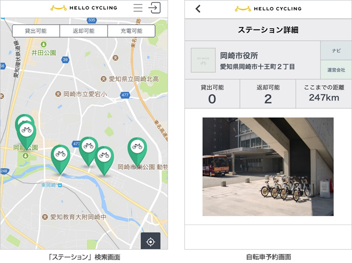 「ステーション」検索画面／自転車予約画面