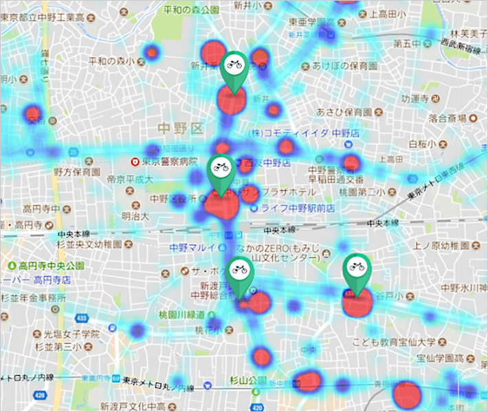 「スマートロック」により集積される走行データのヒートマップイメージ