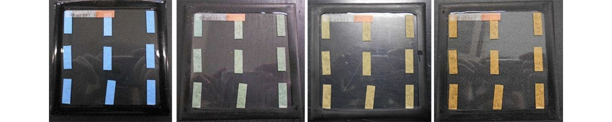 図13.バリアPETフィルム（試験前→500h後→750h後→1000h後) | HAPS用超軽量ソーラーモジュールへの挑戦