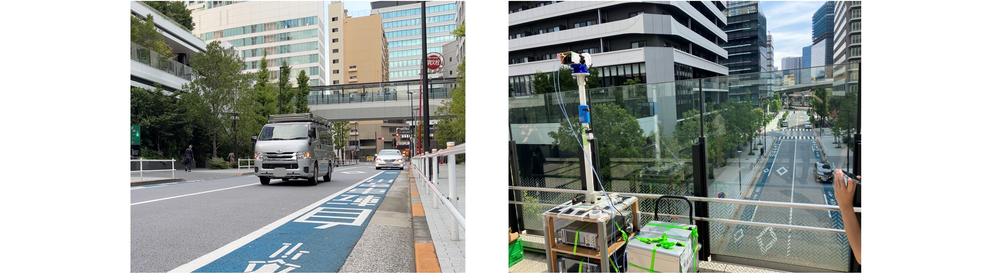 車両向け通信実験の様子（左：受信側から見た様子、右：送信側からみた様子）