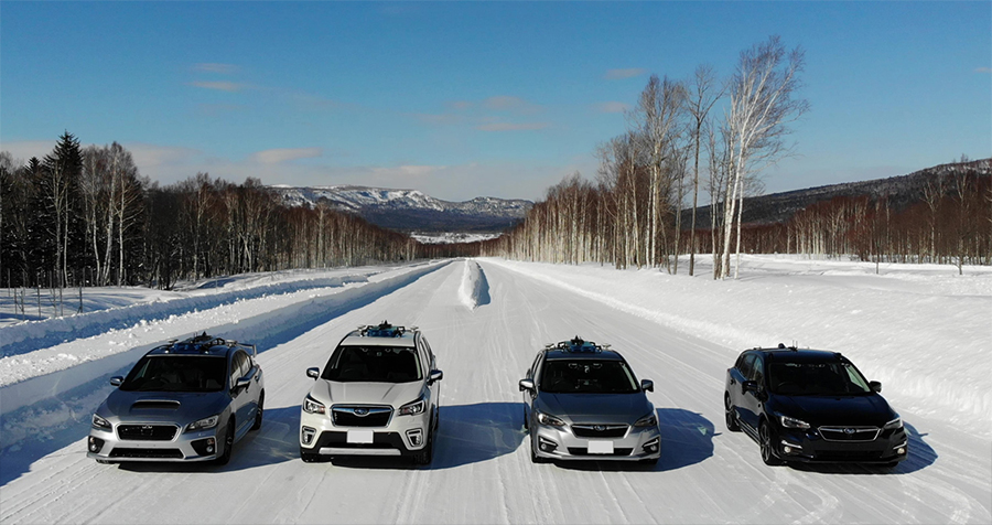 Test vehicles with 5G and C-V2X systems for this verification in Bifuka Proving Ground (from left): Subaru WRX S4, Forester, Impreza SPORT (x2)