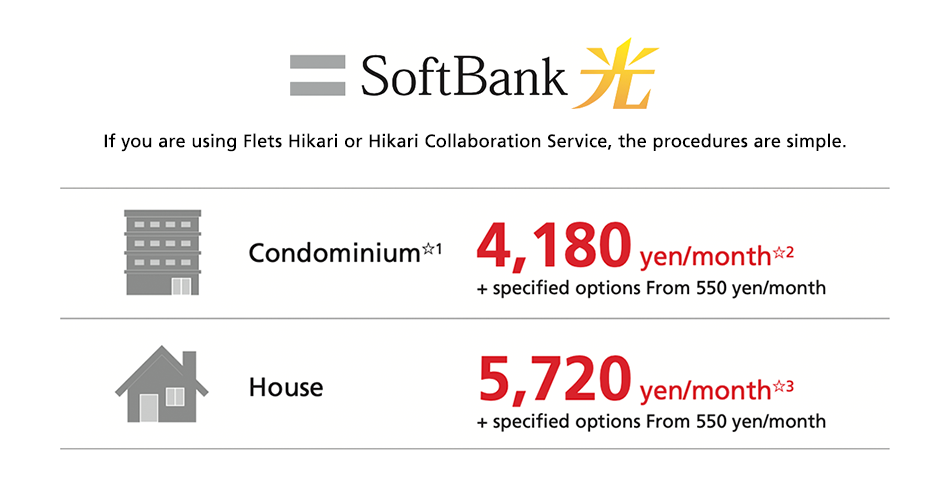 SoftBank Hikari If you are using Flets Hikari or Hikari Collaboration Service, the procedures are simple. Condominium☆1 4,180 yen/month☆2 + specified options From 550 yen/month. House 5,720 yen/month☆3 + specified options From 550 yen/month.