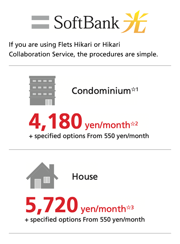 SoftBank Hikari If you are using Flets Hikari or Hikari Collaboration Service, the procedures are simple. Condominium☆1 4,180 yen/month☆2 + specified options From 550 yen/month. House 5,720 yen/month☆3 + specified options From 550 yen/month.