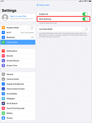Enable "Data Roaming" If "Enable 4G" is "Off", turn it "On".