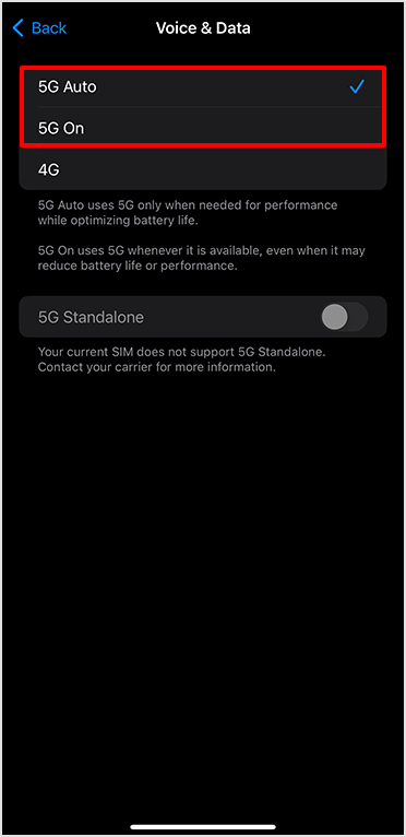 In STEP 04, tap "Voice & Data" and make sure "5G Auto" or "5G On" is checked.