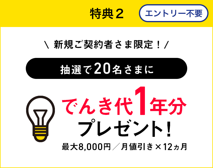 特典2 エントリー不要 新規ご契約者さま限定! 抽選で20名さまに でんき代1年分プレゼント! 最大8,000円/月値引き✕12ヵ月
