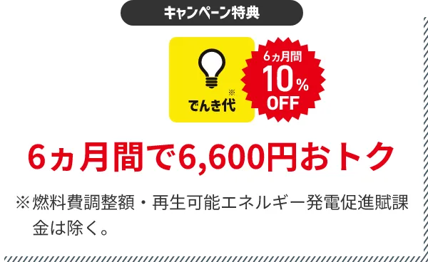 キャンペーン特典 でんき代1ヵ月分割引 6ヵ月間で6,000円おトク