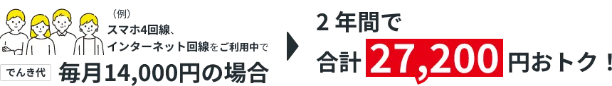スマホ4回線、インターネット回線をご利用中で毎月14,000円の場合2年間で合計27,200円おとく！