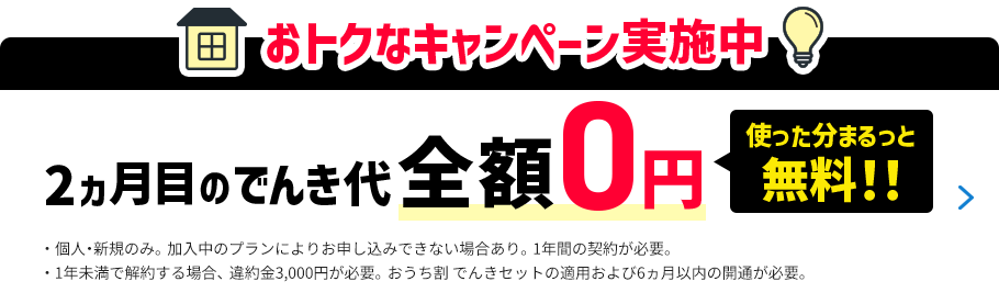 おトクなキャンペーン実施中 2ヵ月目のでんき代全額0円 使った分まるっと無料！！