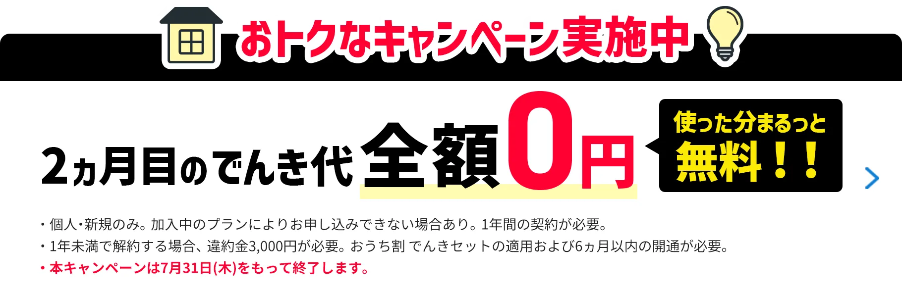 おトクなキャンペーン実施中 2ヵ月目のでんき代全額0円 使った分まるっと無料！！