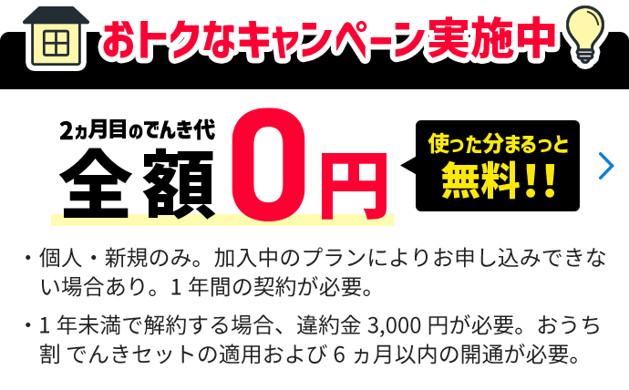 おトクなキャンペーン実施中 2ヵ月目のでんき代全額0円 使った分まるっと無料！！