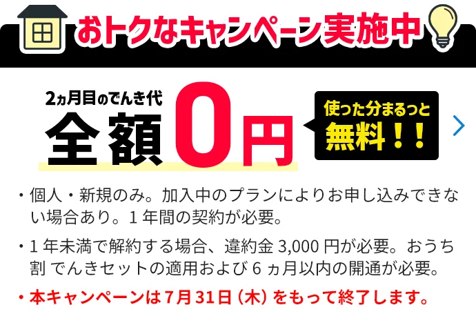 おトクなキャンペーン実施中 2ヵ月目のでんき代全額0円 使った分まるっと無料！！