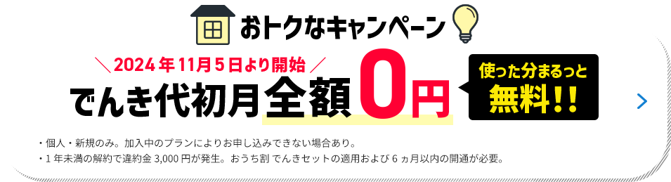 おトクなキャンペーン実施中 でんき代初月全額0円