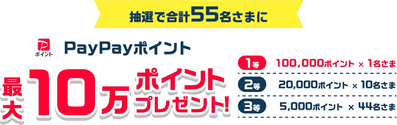 抽選で合計55名さまにPayPayポイント最大10万ポイントプレゼント 100,000ポイント×1名さま 20,000ポイント×10名さま 5,000ポイント×44名さま 2027年1月31日までの開通と合算請求登録が必要