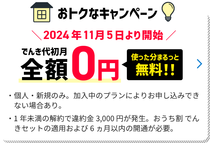 おトクなキャンペーン実施中 でんき代初月全額0円