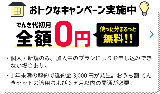 おトクなキャンペーン実施中 でんき代初月全額0円