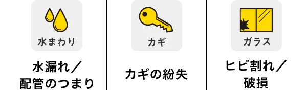 水まわり 水漏れ／配管のつまり　カギ カギの紛失　ガラス ヒビ割れ／破損