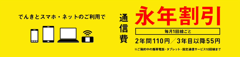 でんきとスマホ・ネットのご利用で通信費　毎月1回線ごと　永年割引　2年間110円／3年目以降55円