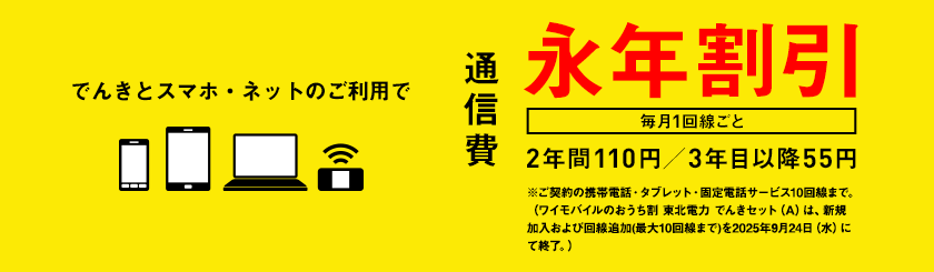 でんきとスマホ・ネットのご利用で通信費　毎月1回線ごと　永年割引　2年間110円／3年目以降55円　※ご契約の携帯電話・タブレット・固定電話サービス10回線まで。（ワイモバイルのおうち割 でんきセット（A）は、新規加入および回線追加(最大10回線まで)を2025年9月24日（水）にて終了。）