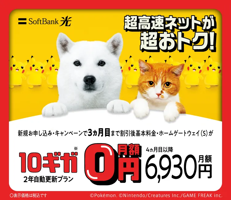 SoftBank 光 超高速ネットが超おトク！ 新規お申し込み・キャンペーンで3ヵ月目まで割引後基本料金・ホームゲートウェイ（S）が 10ギガ※ 2年自動更新プラン 月額0円 4ヵ月目以降月額6,930円 表示価格は税込です