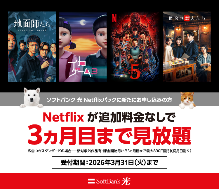Netflixをおトクに楽しもう！ソフトバンク 光 Netflixパックに新たにお申し込みの方 Netflixが追加料金なしで3ヵ月目まで見放題 広告つきスタンダードの場合：一部対象外作品有・課金開始月から3ヵ月目まで最大890円割引（初月日割り） 受付期間：2026年3月31日（火）まで SoftBank 光