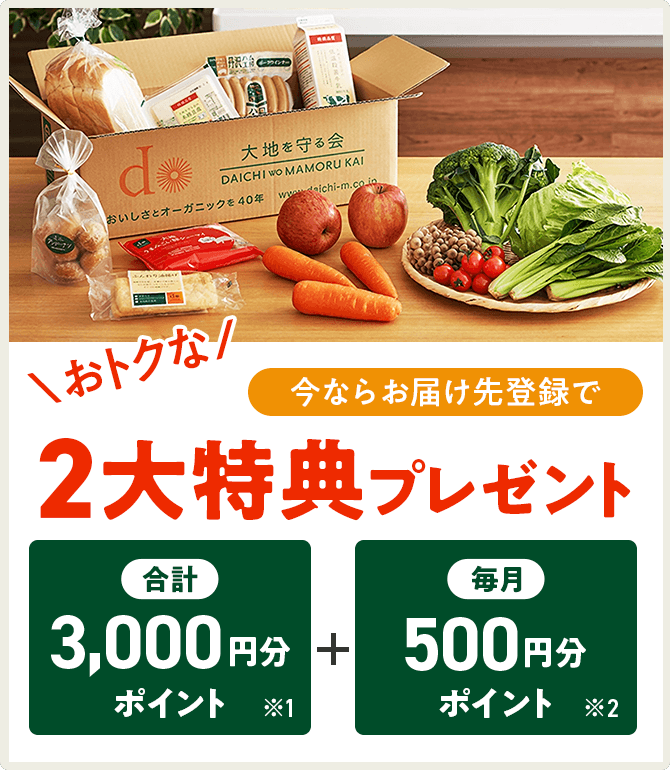 今ならお届け先登録で、おトクな2大特典プレゼント!合計3,000円分ポイント※1+毎月500円分ポイント※2